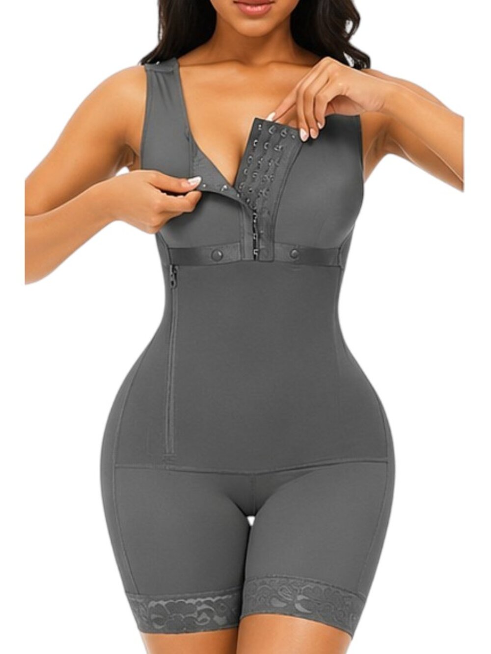Gray Full Body Shapewear Bodysuit Tummy Control Butt Lift Side Zipper Size L